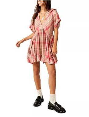 Free People Womens Agnes Plaid Mini Dress Pink Tan Boho Size Medium